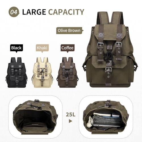 Vintage Canvas Backpack for Men Women, Durable Casual Daypack, Large Capacity Travel Rucksack Fits for Hiking and Daily Use (Green) - Image 7