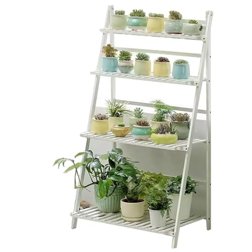 Soporte de bambú de 4 niveles para plantas al aire libre, interior, exhibición de flores, estante de escalera plegable para esquina, estante múltiple para macetas, sala de estar, balcón, color blanco,