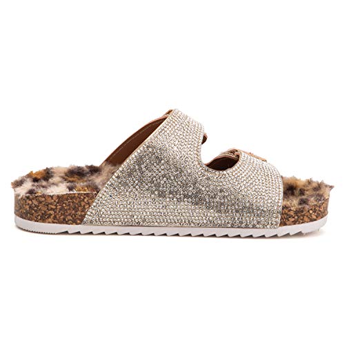 Olivia Miller Kid's Shoes, Leopard Lounge Rhinestone Faux Fur Double Buckle Footbed Dual Strap Girls Flat Slide Sandals #TOP1