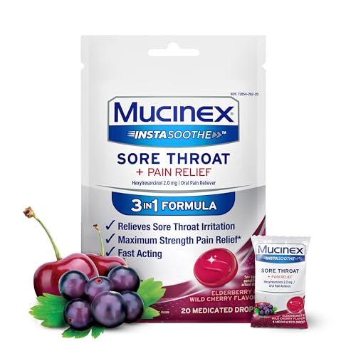 Mucinex Instasoothe Sore Throat Relief Sore Throat Lozenges Sore Throat Medicine with Hexylresorcinol Cough Drops Alternative 20 Elderberry & Wild Cherry Medicated Numbing Throat Drops
