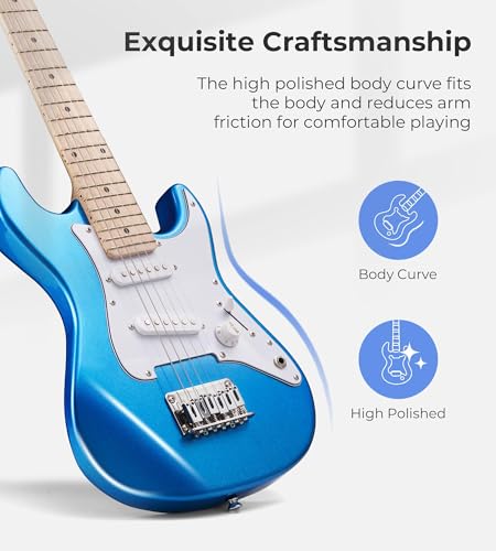 Image of Vangoa 30 Inch Kids Electric Guitar Starter Kit with Amp - Blue | Ergonomic body with gloss finish. 2 single-coil pickups, 3-way switch (rock /blues /funk). Smooth maple neck, stable tuning