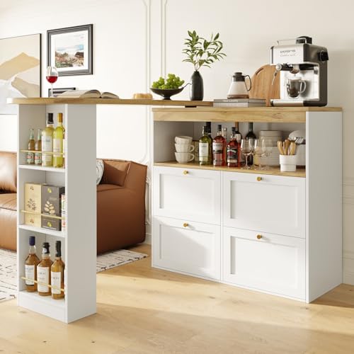 KOMHTOM Table à Manger Pivotante avec Armoire de Rangement, Table de Bar Extensible, Bar Cuisine avec Espace de Rangement, Buffet avec étagères et Vitre...