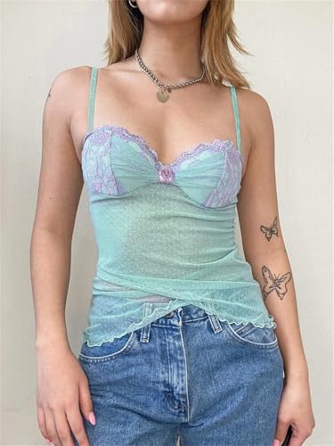 Women Dot Print Lace Corset Flower Appliques Sexy See Through Crop Top Y2K Camis Transparent Tanks3