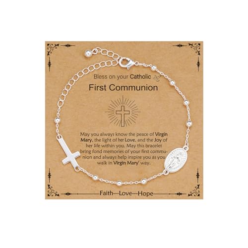 ESPVO First Communion Gifts for Teenage Girls Women Silver Cross Bracelet Virgin Mary Rosary Beads Charm Link Chain Jewelry Christian Religious Easter Presents for Daughter Granddaughter Teen Kids