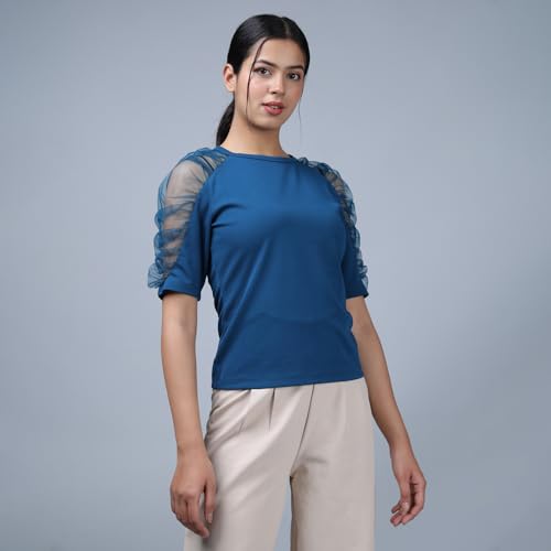 Image of Noble Monk Women's Solid Stretchable Top | Round Neck Half Sleeve | Regular Fit Top for Women