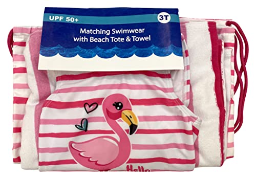 Image of Flamingo Girls One Piece Bathing Suit Beach Bag and Towel 3 Swimsuit Set Toddler