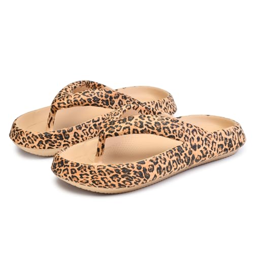 Leopard Print Flip Flops for Women & Men, EVA Soft Cloud Pillow Sandals, Non-Slip Platform Slippers, Cushioned Thong Slides for Indoor & Outdoor, Large Size ，Khaki, Gray, Pink, and Black
