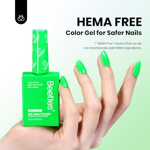 Image of Beetles Green Gel Nail Polish, 15ML Full Size HEMA-Free Aurora Green Gel Polish, Soak Off UV Colorful Bottle Neon Nails Art Manicure Day Nails
