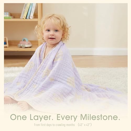 Image of 6-Layer Muslin Baby Blanket Made with Organic Cotton - Serene Ocean Life & Sea Wonders Theme,Swaddle & Crib Quilt, 43 inch x 43 inch,Lavender Ocean