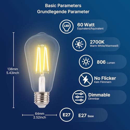 FLSNT LED Edison Bulb,7W Dimmable E27 Screw Bulb,ST64 Vintage Light Bulbs Filament 60W Equivalent,Clear Glass Retro Style,2700K Warm White,6 Pack - Image 3