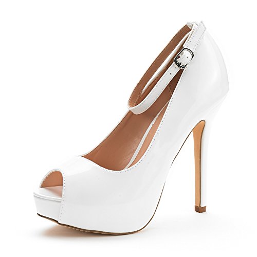 DREAM PAIRS Women's Swan-10 White Pat High Heel Plaform Dress Pump Shoes - 7.5 M US