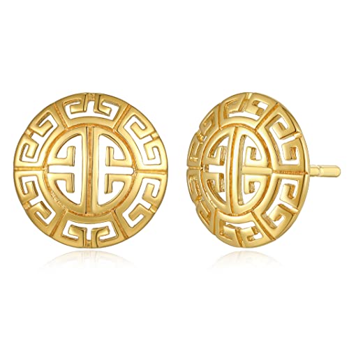 MORGAN & PAIGE .925 Sterling Silver 18K Gold Plated Greek Key Mythology Stud Earrings for Women - Laser Cut Round Greek Pattern Lightweight Jewelry, Hypoallergenic Sterling Silver Earrings