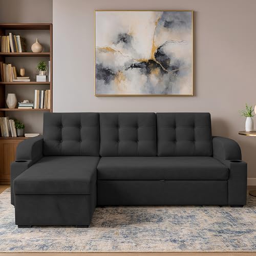 Image of Casaliving Grance LHS 4 Seater Corner Sofa Cum Bed for Living Room (Black Fabric) Premium Fabric Sofa