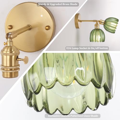 Vintage Wall Sconces Set of 2 with Green Tulip Glass Lampshade 180 Degree Adjustable Brass Sconces Hradwired Modern Wall Lighting Fixture with Switch for Bedside Bedroom Doorway