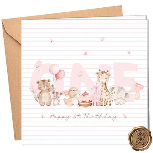 Tayenura Happy 1st Birthday Card for Girls Cute Pink Safari Animal Design Greeting Card with Envelope & Embossed Seal Lovely First Birthday Gift 145x145mm (1st birthday cake)