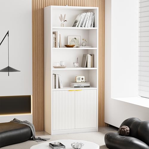 Image of INNOD 72" Tall Book Shelf Bookcase with Doors, Floor Standing 7 Tier Bookshelf Display Shelves, Bookshelf with Storage Cabinet, Home Decor Furniture for Living Room Bedroom and Home Office