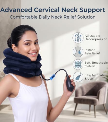 Image of Dimore Inflatable Neck Brace Pillow Cervical Neck Traction Device Adjustable Stretcher,Ideal for Spine Alignment and Chronic Neck Pain Relief. (Blue)