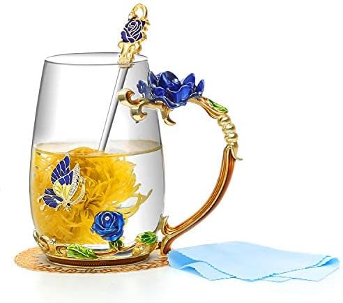 evecase Enamels Butterfly Flower Lead-Free Glass Coffee Mugs Tea Cup with Steel Spoon Set, Personalised Gifts for Women Wife Mum Teacher Friends Christmas Birthday Mothers Valentines Day (Blue-H)