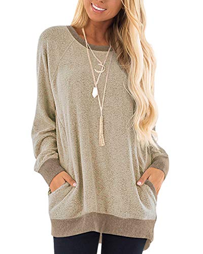 WEKILI Women's Color Block Long Sleeve Tunic Tops Crew Neck Sweatshirt Pockets Loose Casual Blouse Shirts Khaki M