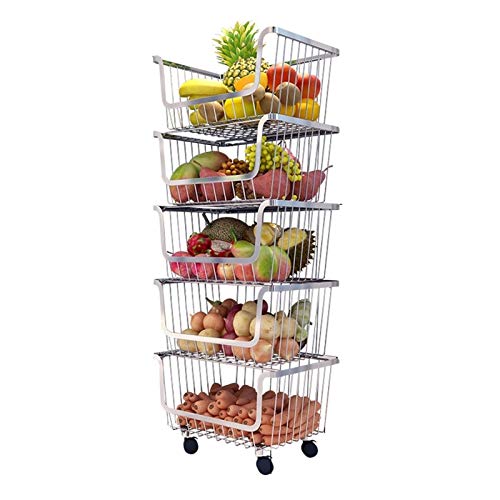 Q-HL Chariot de Rangement Cuisine Stockage Chariot sur roulettes métalliques Panier de Rangement en Acier Inoxydable avec Roues Cuisine légumes verrouillables Fruit Basket Rack