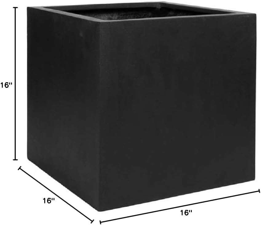 Black Square Planter Box - Elegant Fiberstone Cube Planter Pot - Outer Size 16x16x16