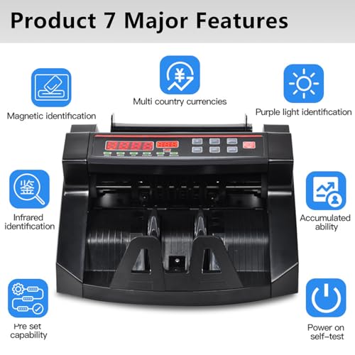 Multi Currency LED Counterfeit Detector, Foreign Banknote Counting Machine, UV/Mg Double Detection for Cash, 900 PCS/Min, Easy to Use,Black-NUM