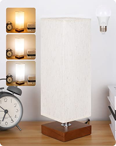 Soilsiu Bedside Table Lamp Bedroom 3 Color Options Faux Walnutwood Lamps With Modern Fabric Shade Reading Nightstand Lamps For Living Room, Kids Room, Dorm, Office (Led Bulb Included) #TOP17