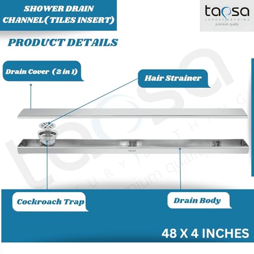 Image of Tapsa Tile Insert Floor Drain | 304 Stainless Steel | Invisible Shower Drain Channel | Shower Drain Channel | Water Drain Channel | with Cockroach Trap. (48X4, SS Matte Tile Insert Floor Drain 20 mm)