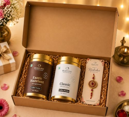 Image of Beany Day Raksha Bandhan Coffee Gift Hamper | Classic & Exotic Hazelnut Instant Coffee (80g Each) | Premium Rakhi Gift Set for Brother Sister | Ready to Gift Coffee Combo with Free Rakhi