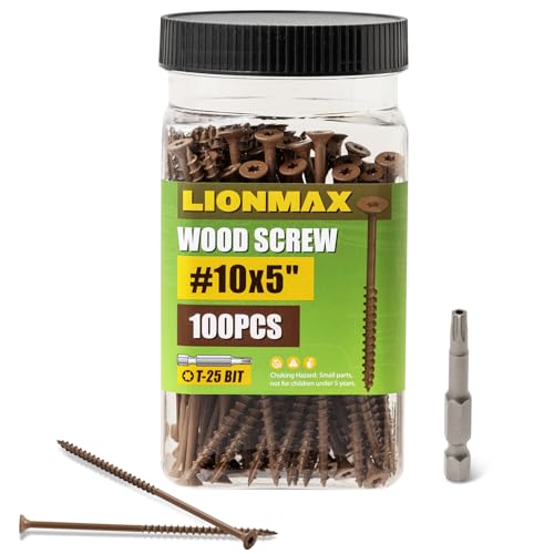 Image of LIONMAX Wood Screws 5 Inch, Deck Screws #10 x 5, 100 PCS, Rust Resistant, Epoxy Coated, Exterior Wood Screw, Outdoor Decking Screws, Torx /Star Drive Head, T25 Star Bit Included, Brown