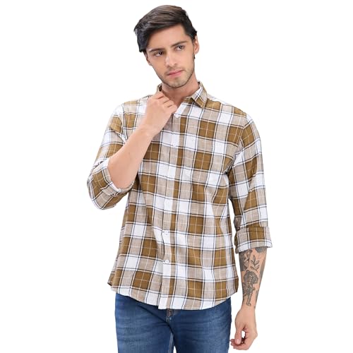 nick&jess Camisa a cuadros para hombre, 100 % algodón, color negro, blanco y entallado, Caqui y blanco, S