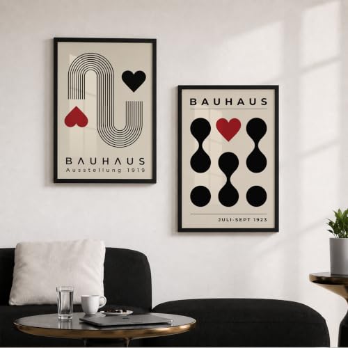 Image of Suneree Bauhaus Wall Art Set of 2 Framed Paintings | Geometric Abstract Modern Art Poster Black Red | Living Room Office Contemporary Home Decor (Art 14, 13x19 Inches, Black)