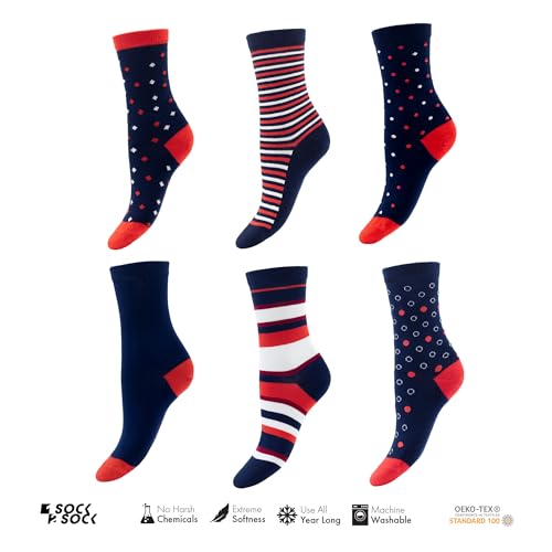 1SOCK2SOCK - Women's 6 Pack Bamboo Crew Socks - Soft, Fashionable, Casual, Colorful Socks - US Women’s 6-103