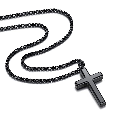 REVEMCN Stainless Steel Simple Small Cross Pendant Chain Necklace for Women Kids Girls, 18-22 Inches Chain (22, Black Tone - Rolo Cable Chain)
