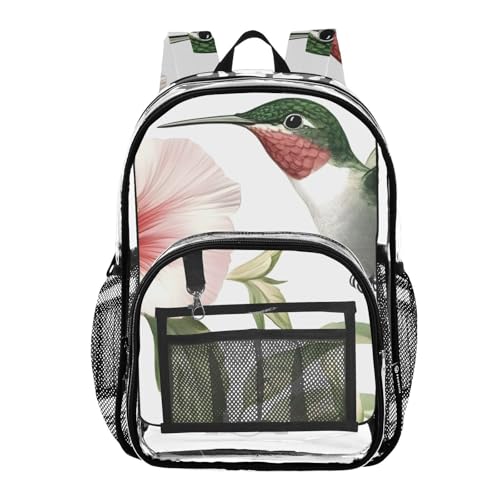 Clear Backpack Hummingbird Leaf Flower Art, PVC Transparent Bag with Large Capacity for Boys, Girls, Men, Women, See Through Bookbag for School Work College Travel