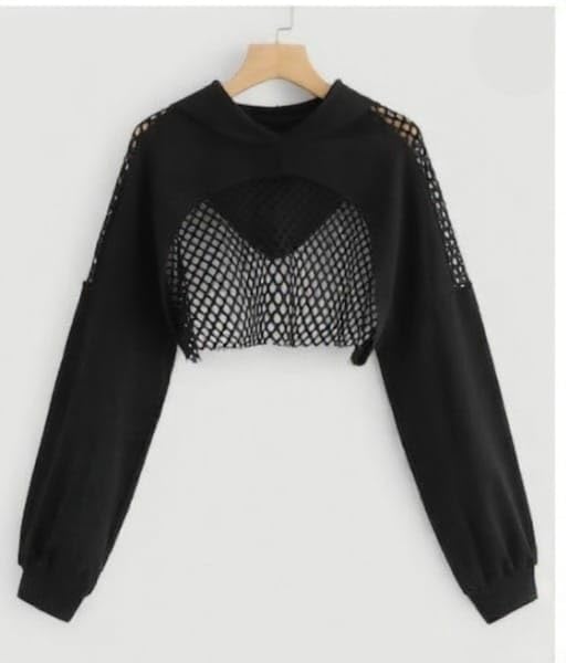Image of Solid Cut Out Front Long Sleeve Fishnet Hoodie Sweatshirts for Women || Stylish Women Full Sleeve Casual Fishnet Crop Hoodie