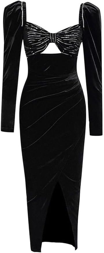 JSEIAJB Autumn Sexy Bustier Drill Chain Split Slimming Long-Sleeved Dresses