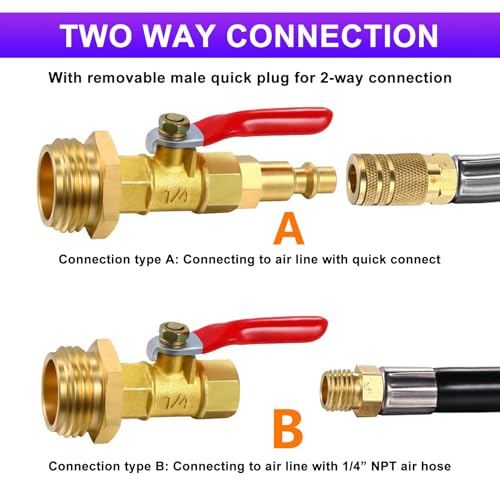 Image of RV Winterize Blowout Adapter with Ball Valve: Solid Brass air compressor with 1 /4 inch Quick Plug and 3 /4 inch Garden Water Hose for RV Camper Trailer and Boat