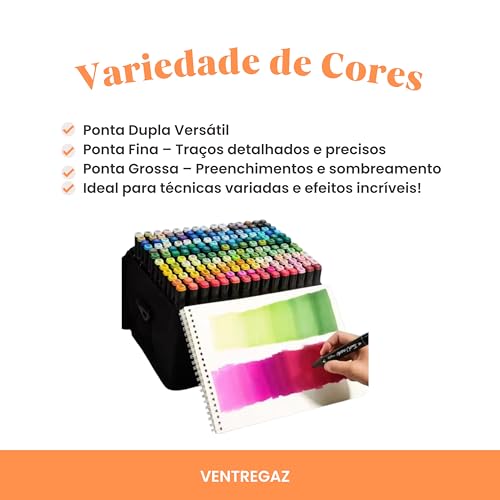 Marcadores de Álcool Ponta Dupla, 80 Cores, Tinta à Prova d'Água, com Estojo de Transporte