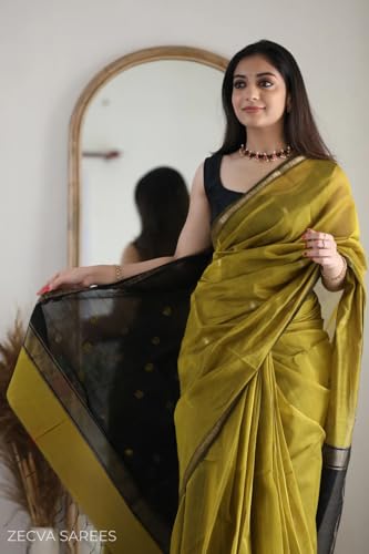 Image of ZECVA Women's Pure Soft Spun Cotton Lichi Silk Saree For Women With Attach Unstitch Blouse Piece