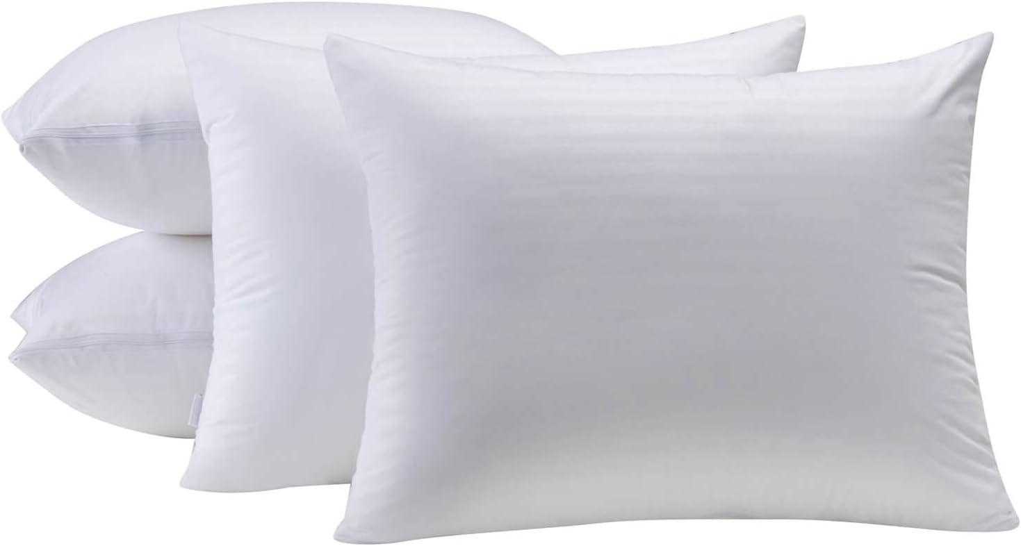 Kingnex 4 Pack Waterproof Feather Proof Pillow Protectors with Zipper on Long Side Queen Size Set of 4 Down Proof Striped Bed Pillow Covers