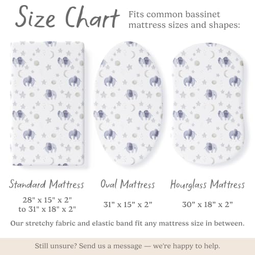 Image of Baby Bassinet Sheets for Boy, Girl (Watercolor Elephants) 2-Pack - Fitted Bedside Bassinet Sheets - Buttery Soft Cotton Blend for Standard Mattress Pad - Compatible with Halo BassiNest