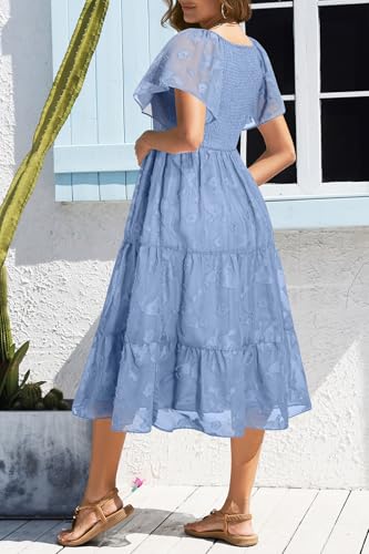 Image of Pinup Fashion Maternity Summer Dress Baby Shower Easter Pregnancy A-Line | Smocked V-neck, flutter sleeves, breathable floral fabric, bump friendly, perfect for photoshoot, spring casual,postpartum