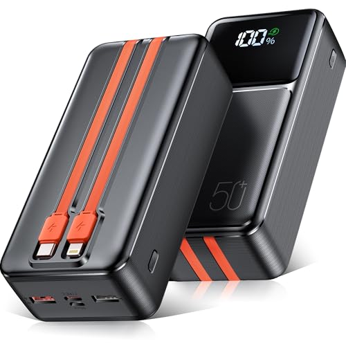 Batterie Externe 50000mAh Power Bank: Chargeur Portable avec Charge Rapide 30W câbles intégrés Batterie USB-C Portable avec 5 Sorties, équipée d'un écran LED, idéale pour Smartphones et tablettes