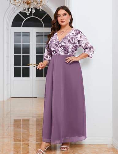 Image of ZOMVA Plus Size Maxi Formal Dress Lace Chiffon Floral V-Neck Wrap Wedding Guest Evening Gown Cocktail Prom 3 /4 Sleeves