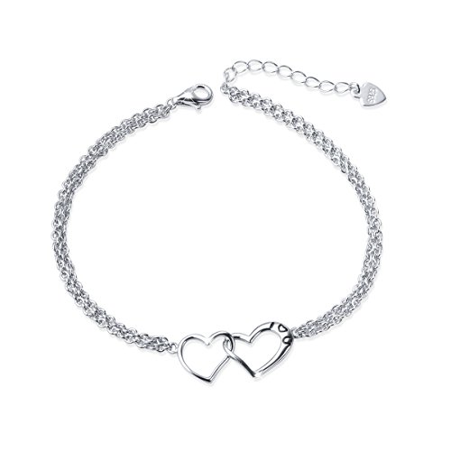 DAOCHONG S925 Sterling Silver I Love U Forever Love Heart Double Chain Bracelets,7+2 inches