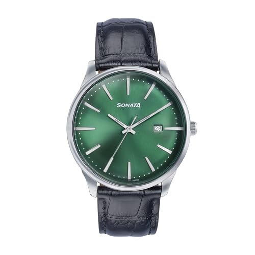 Sonata Wedding Edit Quartz Analog with Date Green Dial Leather Strap Watch for Men