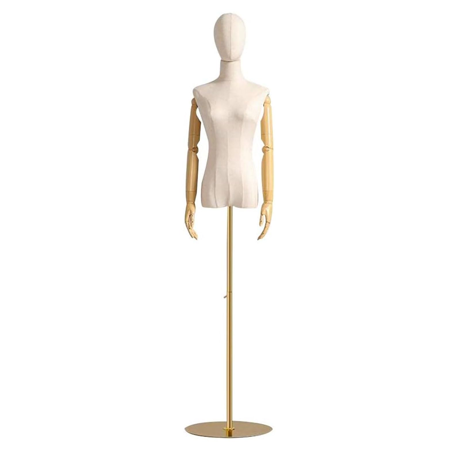 ITOSUI Female Mannequin Dress Form Torso, Linen Fabric Tailors Dummy with Removable Head & Gold Stand, Size S/M, Ideal for Clothing Display & Fashion Design Showcase