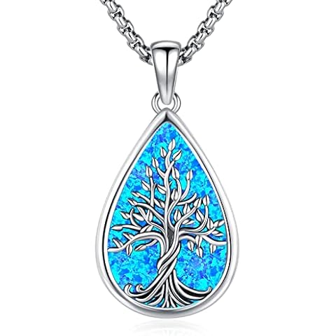 LOOVE Opal Tree of Life Necklace for Women Sterling Silver Blue Teardrop Necklace Family Tree Pendant for Mother's Day Gifts Cover