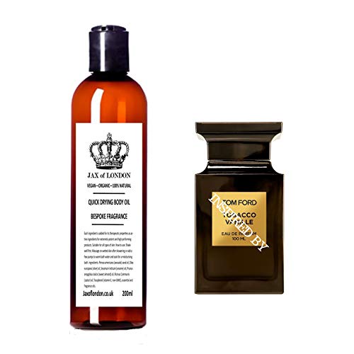 Inspired Body Oil, Quick Drying, Firming, Stretch Marks, Moisturiser, Massage, Aromatherapy, smell amazing by Jax of London 200ml (Tobacco & Vanilla)